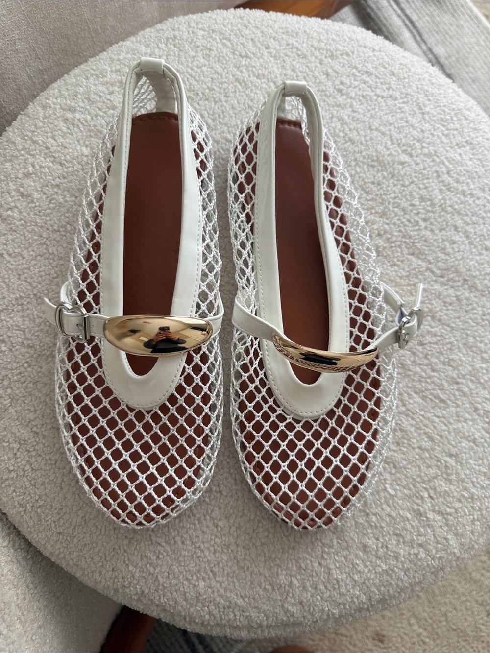 Women's White Mesh Mary Jane Flats with Gold Accent